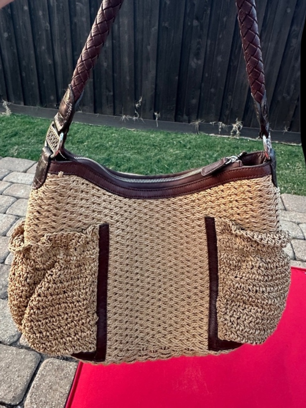 Brighton Woven Straw Handbag Shoulder purse brown leather trim size large - Picture 10 of 13